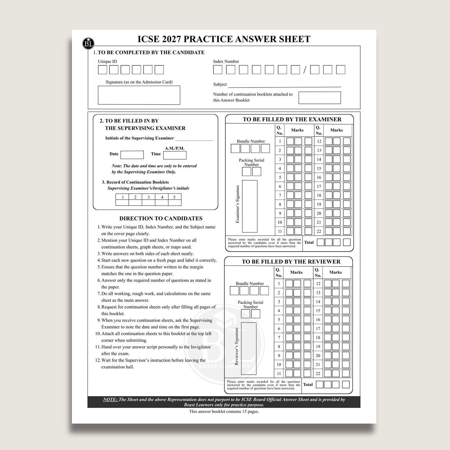 ICSE Class 10 Practice Answer Sheets 2027